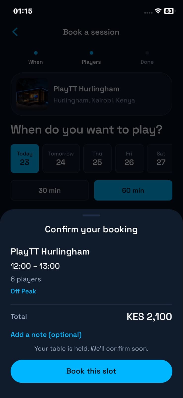 Confirm and play in the PlayTT mobile app