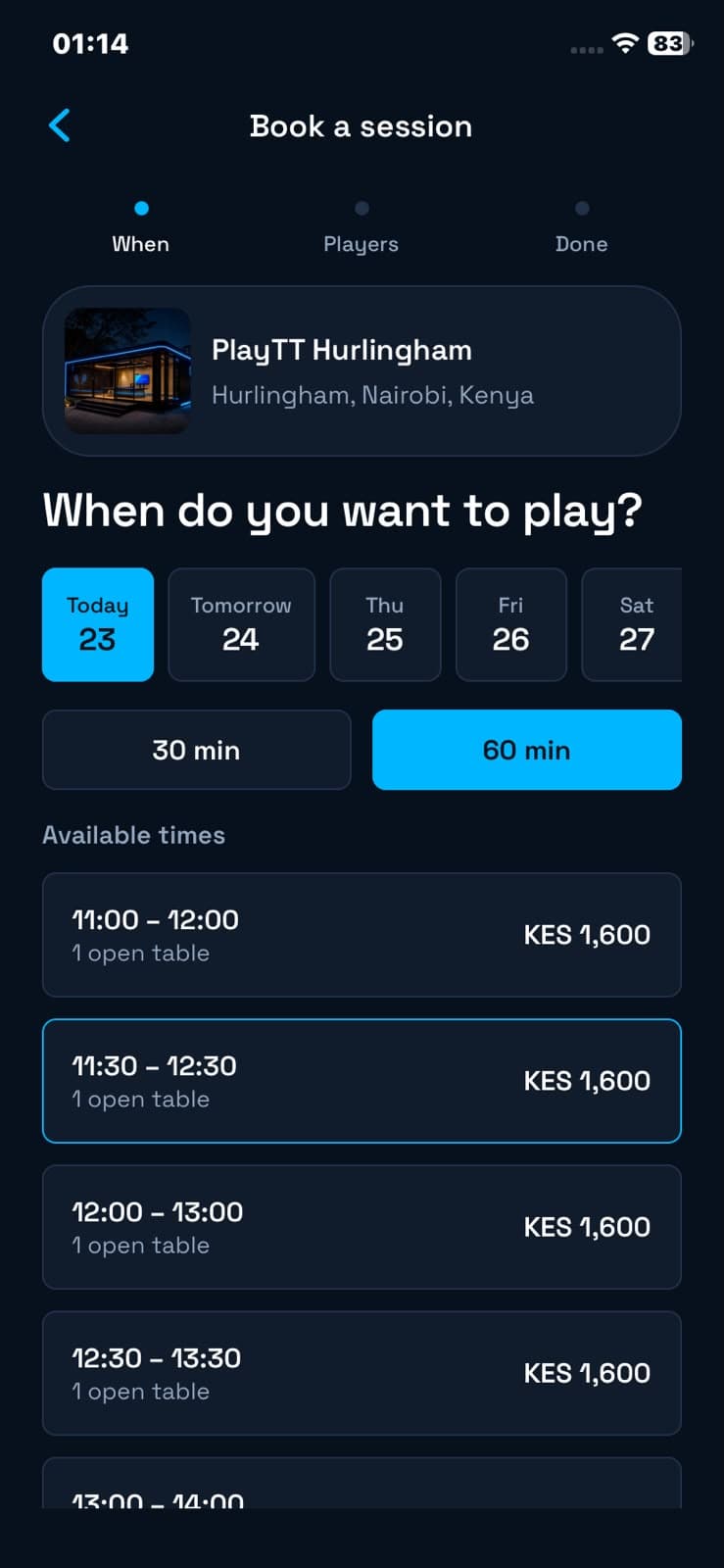 Lock in a time in the PlayTT mobile app